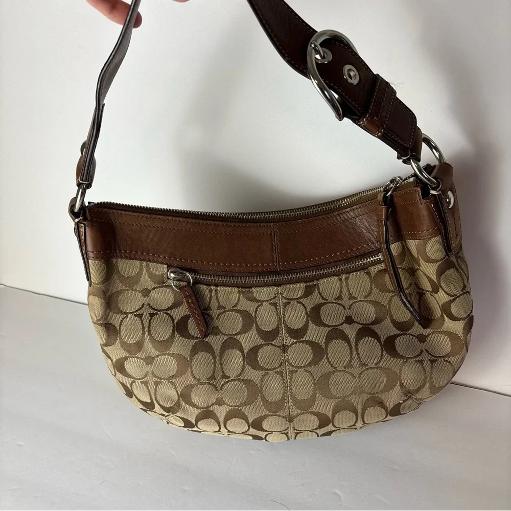 Coach Hobo Tan and Brown Signature Shoulder Bag Canvas Leather - Picture 8 of 12
